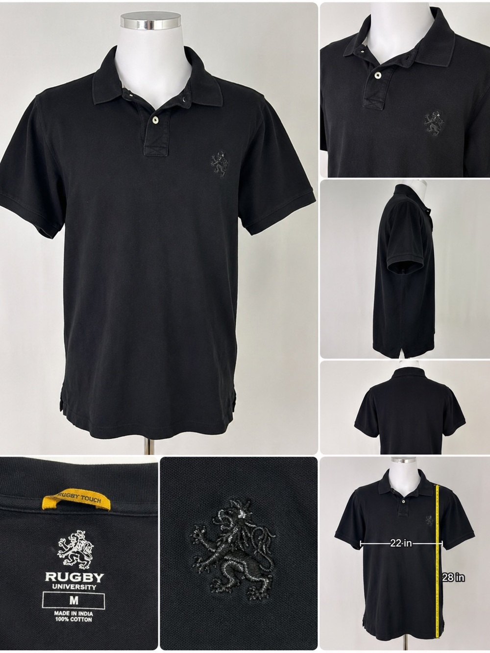 Rugby University Black Polo Shirt Size M 100% Cotton
